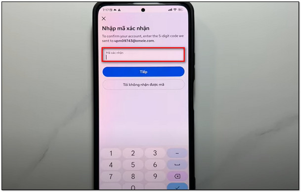 Nhập mã xác nhận lấy từ site email ảo vào